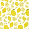 Fresh pattern with lemons, full fruits and slices. Vitamin background, seamless vector texture Royalty Free Stock Photo