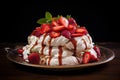 Fresh Pavlova strawberry plate. Generate Ai Royalty Free Stock Photo