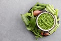 Fresh pea soup ingredients on concrete background Royalty Free Stock Photo