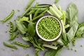 Fresh pea soup ingredients on concrete tabletop Royalty Free Stock Photo