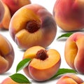 Fresh ripe peach fruit on an arrange, on light background.