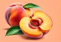 Fresh ripe peach fruit on an arrange, on light background.