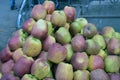 Fresh Peach Fruit in market. Red Apples At Market. Apple Market, Healthy agriculture concept