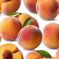 Fresh ripe peach fruit on an arrange, on white background.