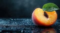 Fresh Peach Half with Leaf on Wet Surface, Dark Background Royalty Free Stock Photo