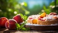 Fresh peach pie with golden crust on rustic wooden background, perfect treat for summer Royalty Free Stock Photo