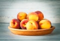 Fresh peach on wooden plate and board Royalty Free Stock Photo