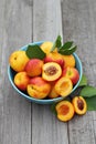 Fresh peaches in blue bowl Royalty Free Stock Photo