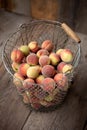 Fresh peaches fruits in basket on dark wooden rustic background, top view. Summer harvest of fruit. Still life. A group Royalty Free Stock Photo