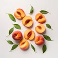 Fresh peaches with green leaves on white background. Flat lay, top view