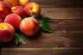 Fresh peaches with leaves on a brown wooden background. Copy space, peaches on wood background, AI Generated