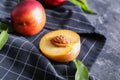 Fresh peaches on napkin, closeup Royalty Free Stock Photo