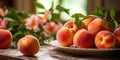 Fresh peaches in a plate on the table Royalty Free Stock Photo