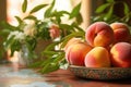 Fresh peaches in a plate on the table Royalty Free Stock Photo