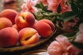 Fresh peaches in a plate on the table Royalty Free Stock Photo