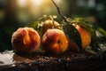 Fresh peaches with rain drops of water. Natural Fruit growing on a tree in the summer. Ripened peaches jn wooden table outdoor. Royalty Free Stock Photo