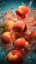 Fresh peaches water splash closeup photograph