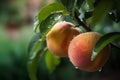 Fresh peaches wih drops of water. Natural Fruit growing on a tree in the summer. Garden with ripened fruits. Delicious and healthy Royalty Free Stock Photo