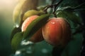 Fresh peaches wih drops of water. Natural Fruit growing on a tree in the summer. Garden with ripened fruits. Delicious and healthy Royalty Free Stock Photo