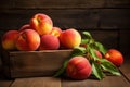 Fresh peaches in a wooden box on a dark wooden background, peaches on wood background, AI Generated