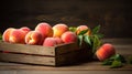 Fresh peaches in a wooden box on a rustic wooden background Generative AI