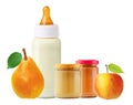 Fresh pear, apple, baby food and and milk bottle isolated