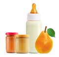 Fresh pear, baby food and and milk bottle isolated on white Royalty Free Stock Photo