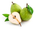 Fresh pear fruits with cut and green leaves