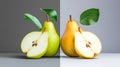 A fresh pear and its leaf are presented in isolation on a white background, accompanied by a half pear Royalty Free Stock Photo