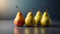 Fresh pears arranged in a row showcasing different colors and textures in a softly lit kitchen environment during a calm Royalty Free Stock Photo