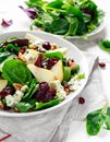 Fresh Pears, Blue Cheese salad with vegetable green mix, walnuts, cranberry. healthy food Royalty Free Stock Photo