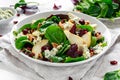 Fresh Pears, Blue Cheese salad with vegetable green mix, walnuts, cranberry. healthy food Royalty Free Stock Photo