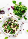 Fresh Pears, Blue Cheese salad with vegetable green mix, walnuts, cranberry. healthy food Royalty Free Stock Photo