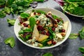 Fresh Pears, Blue Cheese salad with vegetable green mix, walnuts, cranberry. healthy food Royalty Free Stock Photo