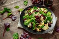 Fresh Pears, Blue Cheese salad with vegetable green mix, Walnuts, red grapes. healthy food Royalty Free Stock Photo