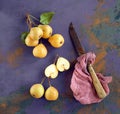 Fresh pears decorated on rustic dark shabby chic table