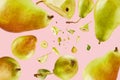 Fresh pears falling from top to bottom on a pink background. Fruit abundance concept