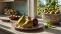 Sunlit Kitchen Counter with Pears, Figs, and Peaches Royalty Free Stock Photo