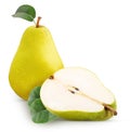 Fresh pears, One and a half yellow fruit with leaf Royalty Free Stock Photo