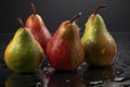 Fresh pears with water drops isolated on a dark background.