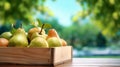 Fresh pears in wooden crate on table and blurred organic farm on the background, space for display product. Generative AI Royalty Free Stock Photo