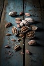 Fresh pecans and broken shells on a rustic wooden background. Illustration AI Generative Royalty Free Stock Photo