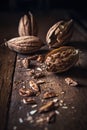 Fresh pecans and broken shells on a rustic wooden background. Illustration AI Generative Royalty Free Stock Photo