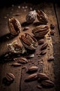Fresh pecans and broken shells on a rustic wooden background. Illustration AI Generative Royalty Free Stock Photo
