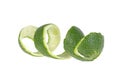 Fresh peel of lime fruit isolated on white background. Citrus twist peel Royalty Free Stock Photo