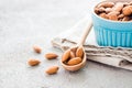 Fresh peeled almonds in a wooden spoon and in a bowl nearby on a light background. A source of vitamins and oils. Organic food. Royalty Free Stock Photo