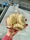 Fresh Peeled Artichokes in Water with Plastic Package for Sale. Hand Hold Royalty Free Stock Photo