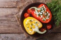 Fresh peppers stuffed with cottage cheese top view horizontal