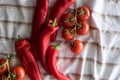 Fresh Peppers and Tomatoes On Cotton Cloth