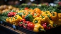 Fresh peppers and vegetables on display at a supermarket, Stack of Colorful Paprika